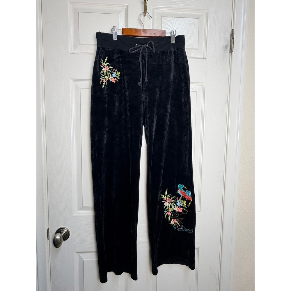BCBGMAXAZRIA Black Velvet Embroidered Floral Bird Sequin Pants Large Y2K VTG